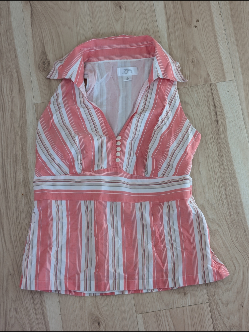 LOFT Coral Stripe Sleeveless Collared Top